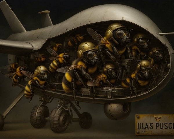 Drone with Bees in Military Gear in Whimsical Scene
