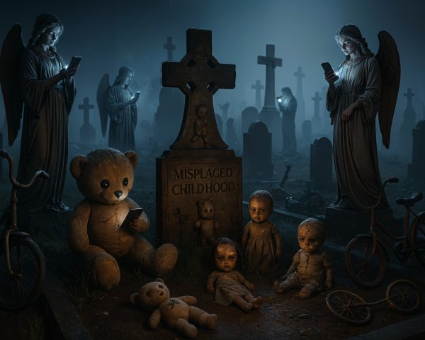 Eerie Graveyard Scene with Ghostly Angels and Toys