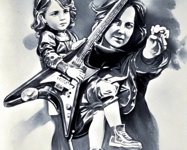 Monochromatic Illustration of Woman and Child with Guitar