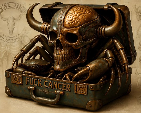 Metal Skull Sculpture in Vintage Suitcase with Details
