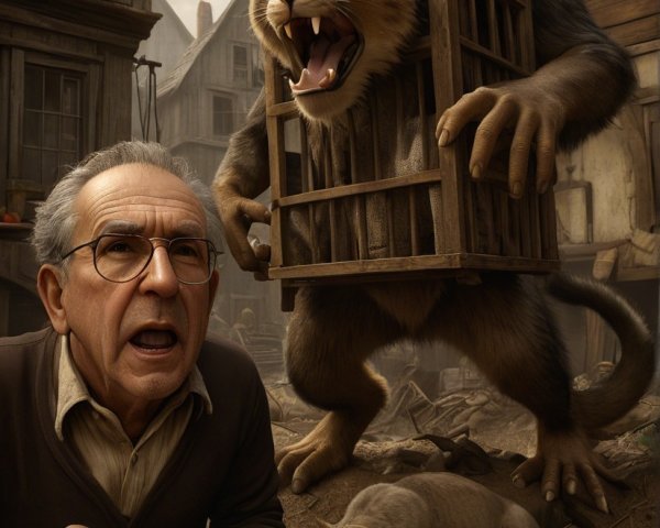 Elderly Man Encounters Fantasy Creature in Village