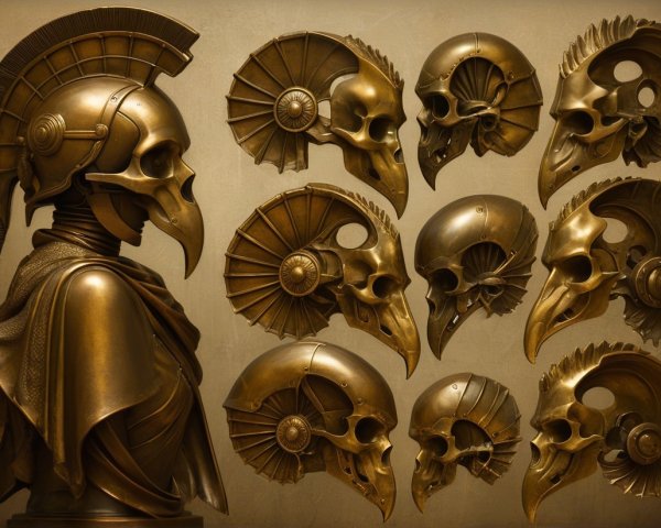 Bronze Warrior Bust and Intricate Skull Display