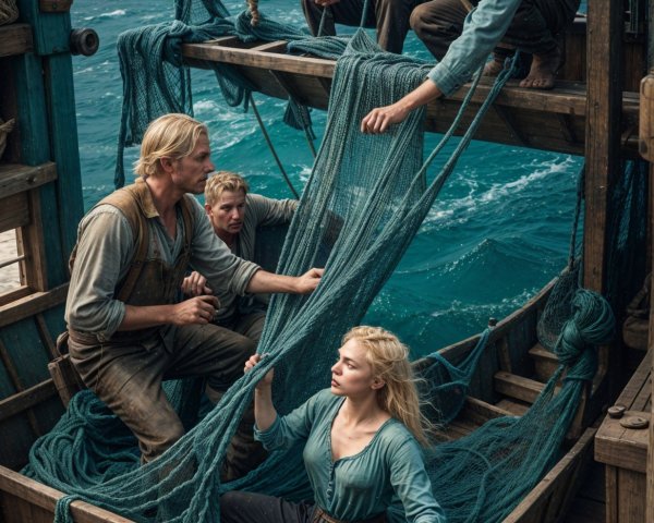 Fishing Boat Scene with Workers at Sea Under Clouds