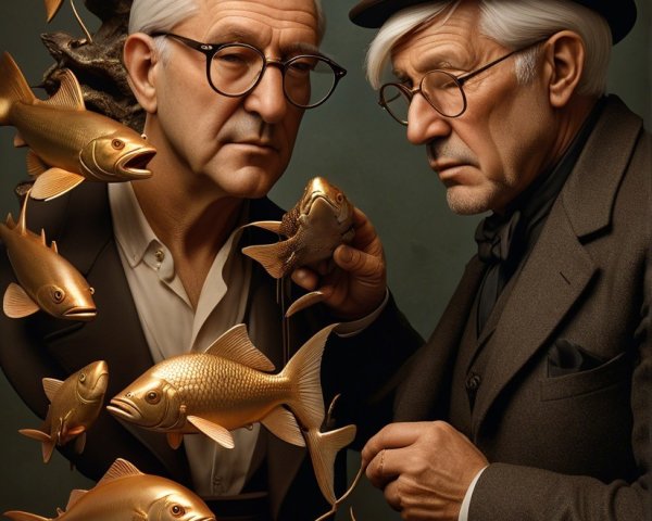 Older Gentlemen Inspecting Golden Fish Sculpture