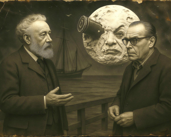 Historically Dressed Men on Dock with Surreal Moon