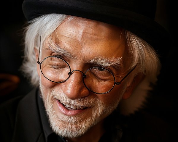 Elderly man with silver hair and round glasses