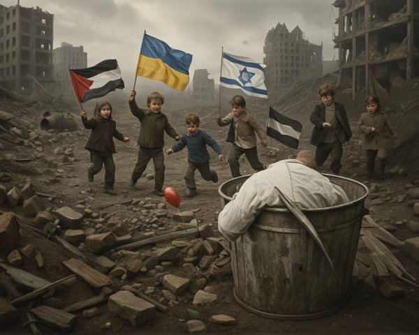 Children Playing Amidst War-Torn Landscape and Despair
