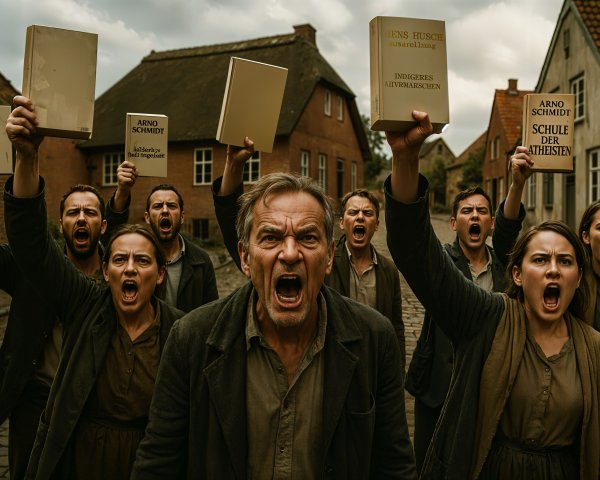 Protesters in Historical Village Street with Books