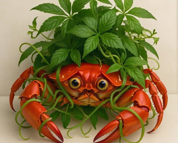 Vibrant Red Crab Among Lush Green Foliage