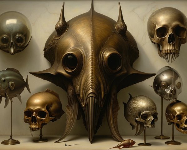 Artistic Arrangement of Skulls and Fish Sculptures