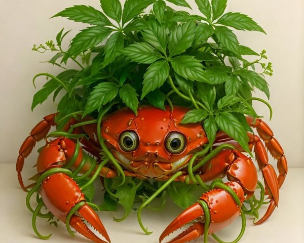 Whimsical Crab Surrounded by Lush Green Foliage