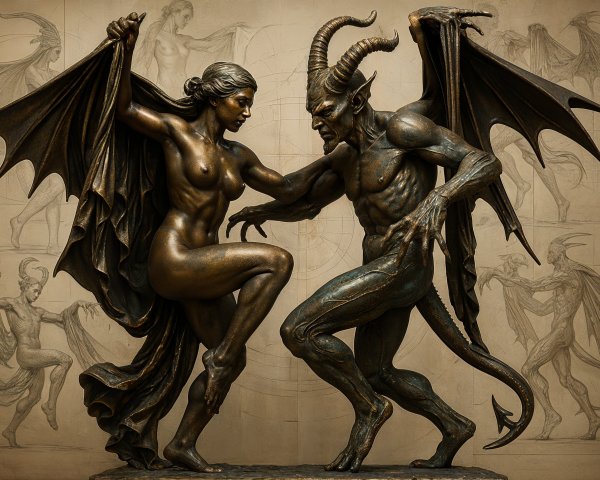 Sculpture of Winged Demon and Woman in Conflict