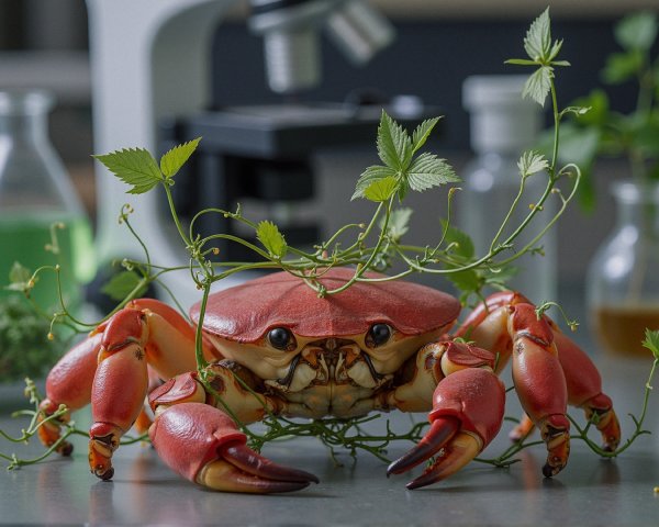 Red Crab on Laboratory Table with Green Vines