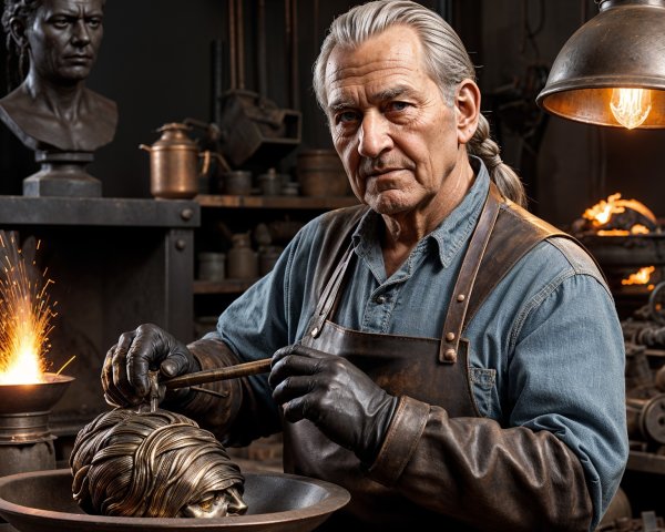 Experienced Sculptor Creating Bronze Bust in Workshop