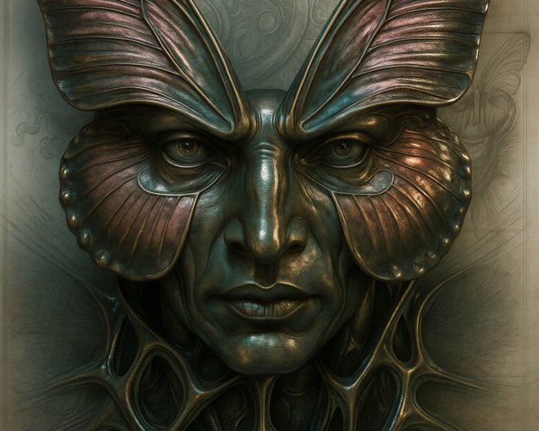 Surreal sculpture of human face with butterfly wings