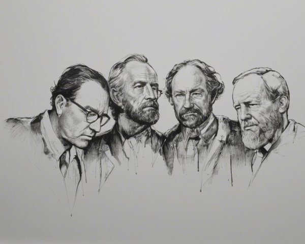 Black and white drawing of four distinguished men