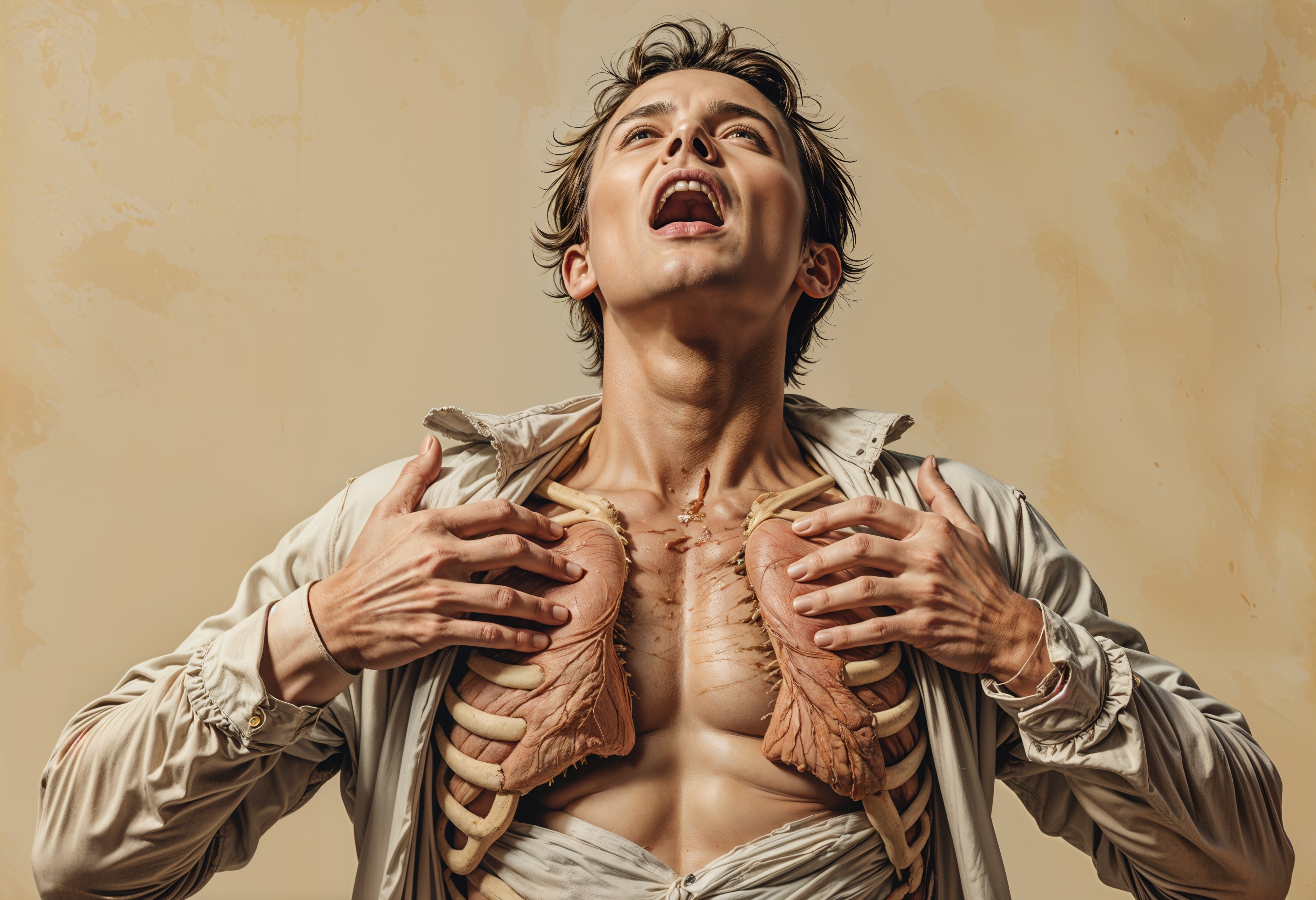 Young man expressing emotion with anatomical art display