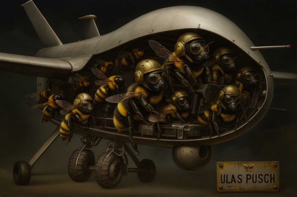 Drone with Bees in Military Gear in Whimsical Scene