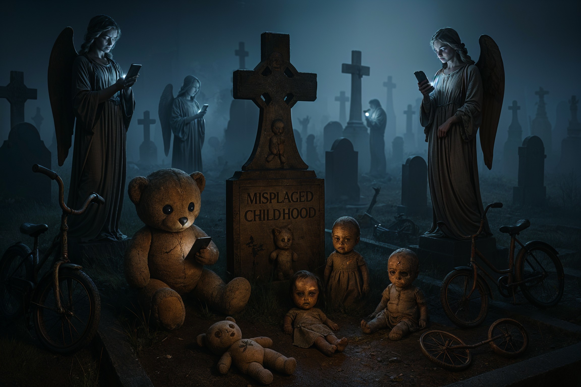 Eerie Graveyard Scene with Ghostly Angels and Toys
