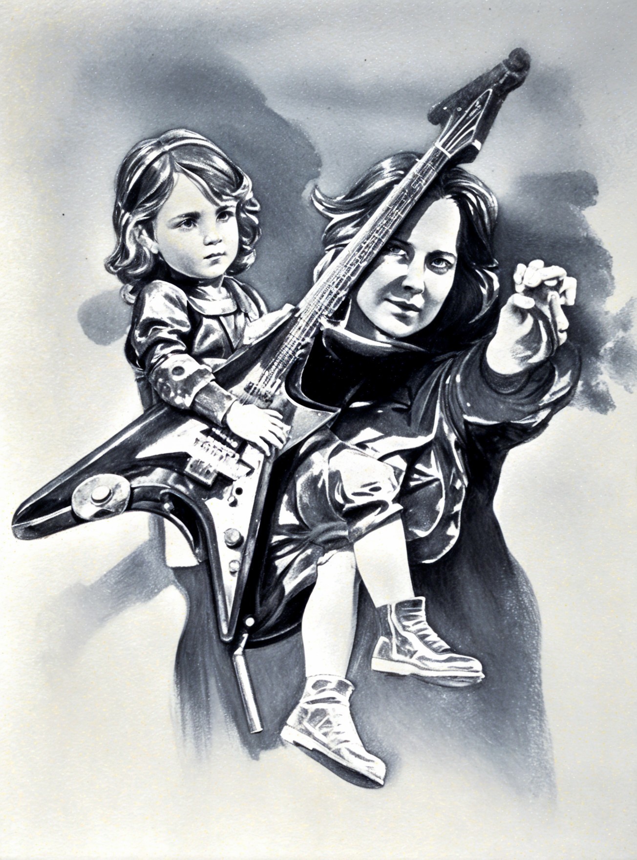 Monochromatic Illustration of Woman and Child with Guitar