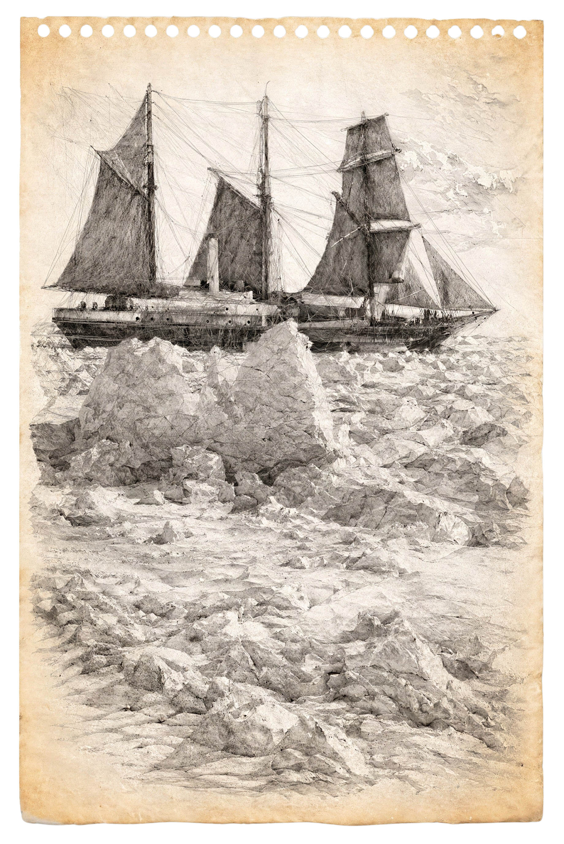 Pencil Sketch of a Three-Masted Ship on Icy Sea
