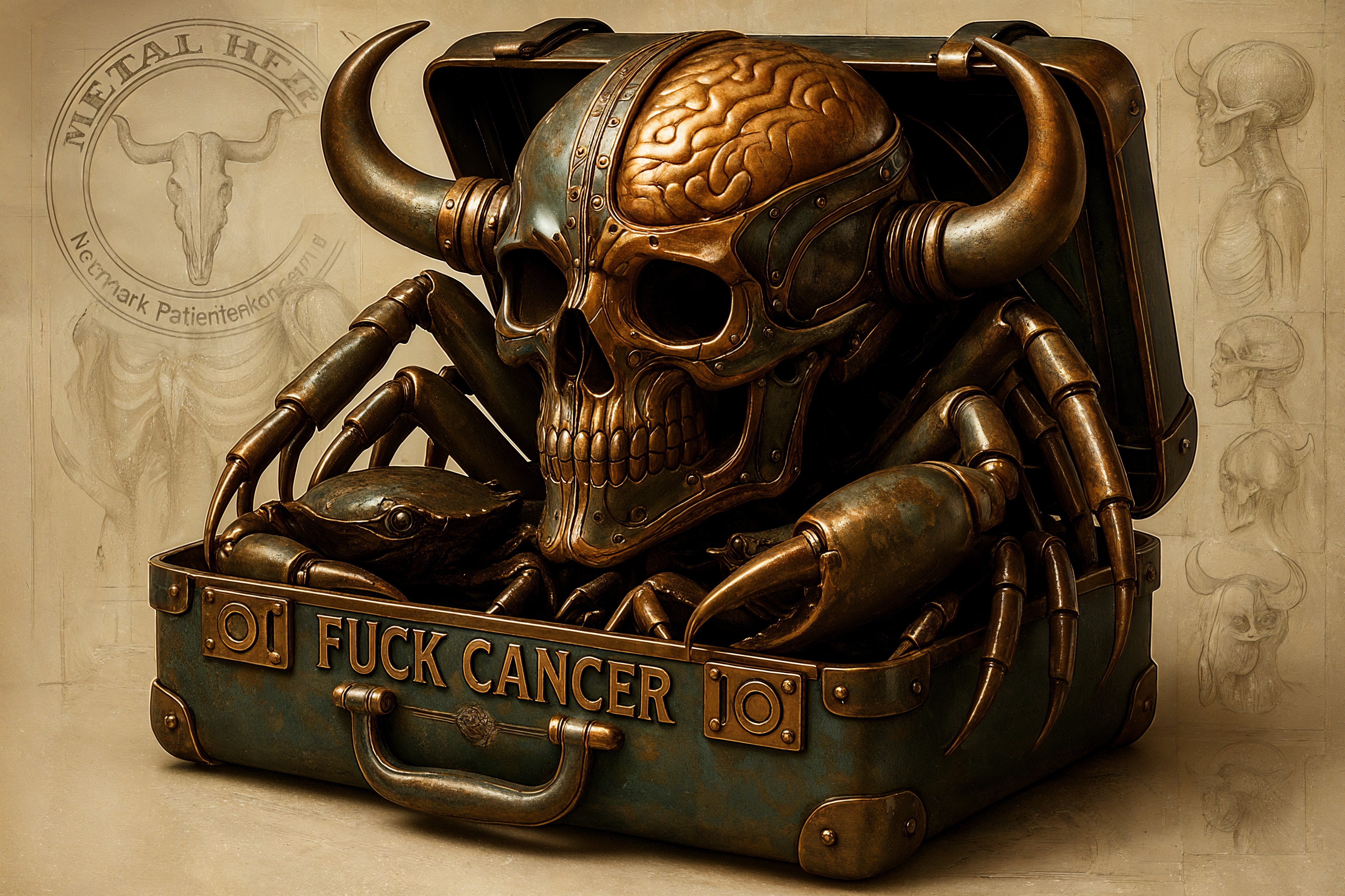Metal Skull Sculpture in Vintage Suitcase with Details