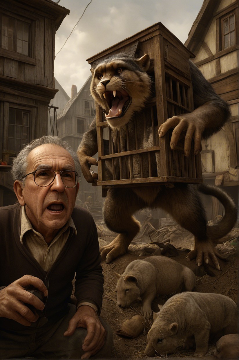 Elderly Man Encounters Fantasy Creature in Village