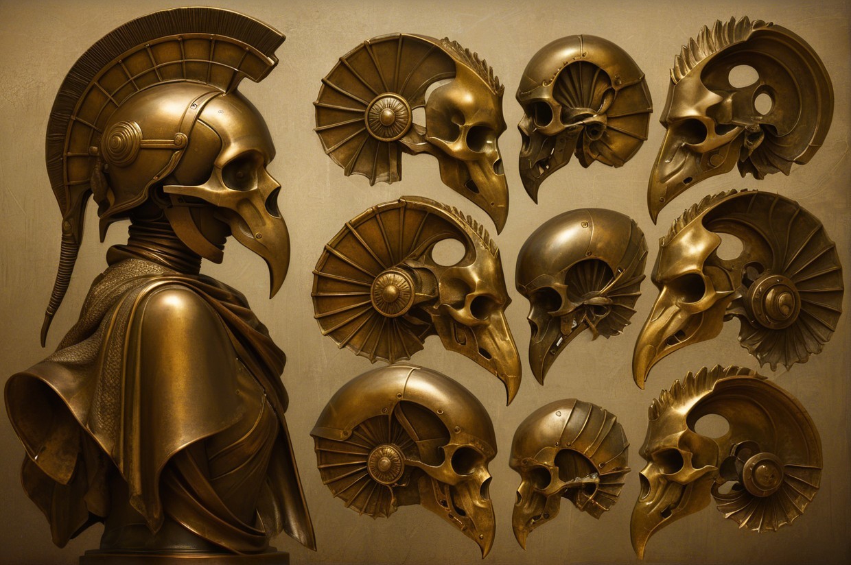 Bronze Warrior Bust and Intricate Skull Display
