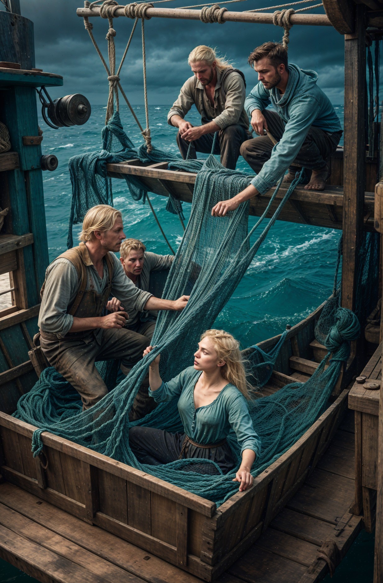 Fishing Boat Scene with Workers at Sea Under Clouds