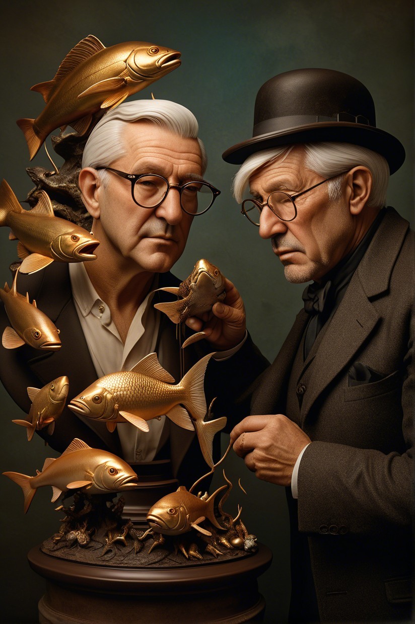 Older Gentlemen Inspecting Golden Fish Sculpture