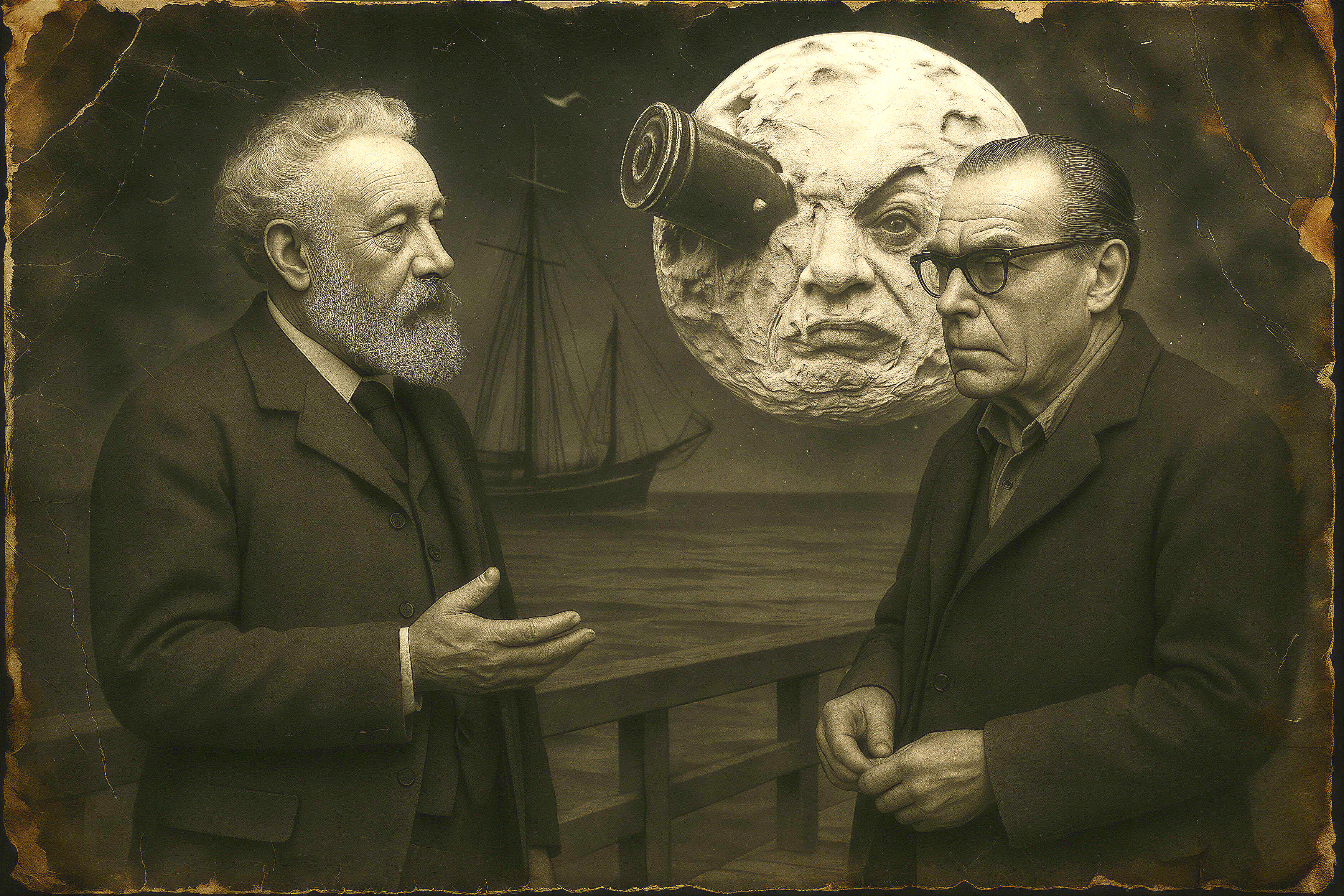 Historically Dressed Men on Dock with Surreal Moon