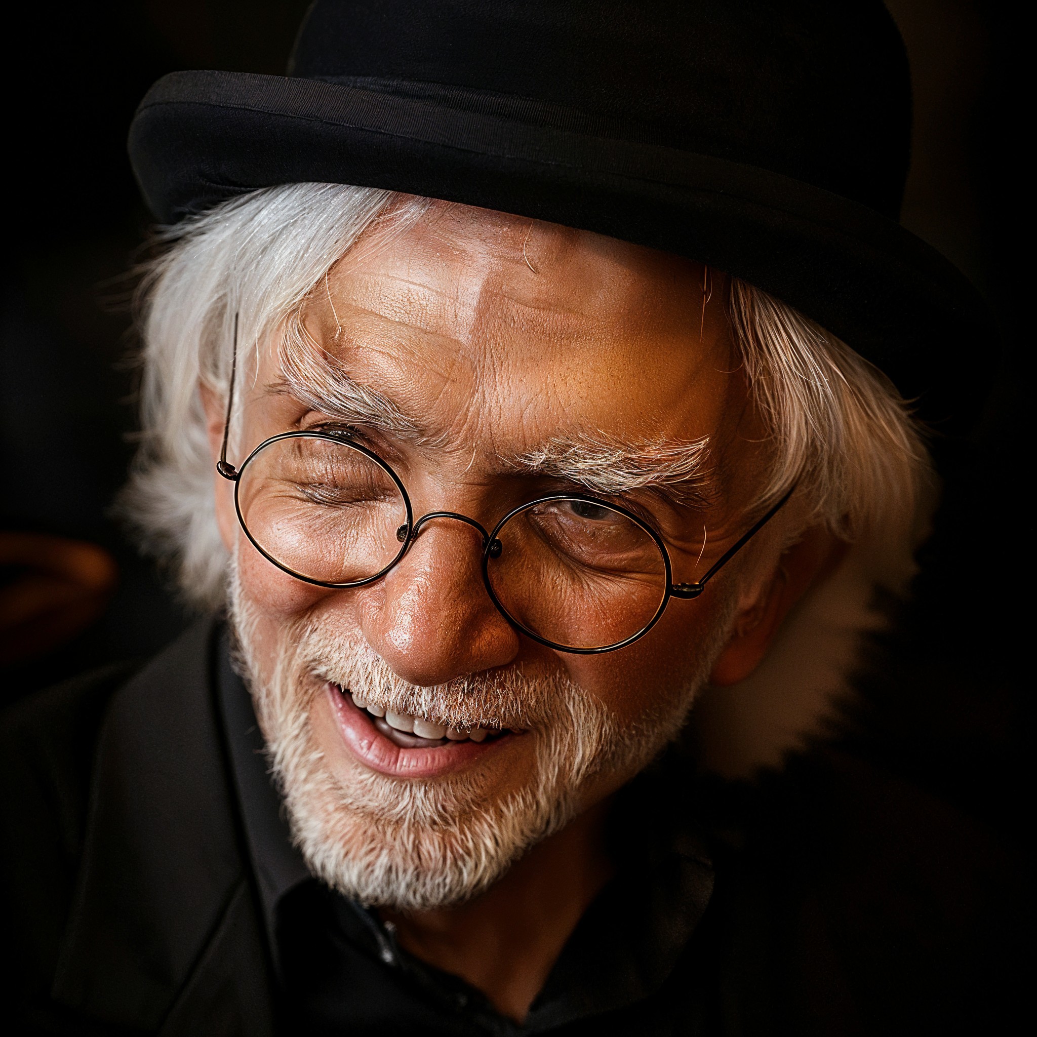Elderly man with silver hair and round glasses