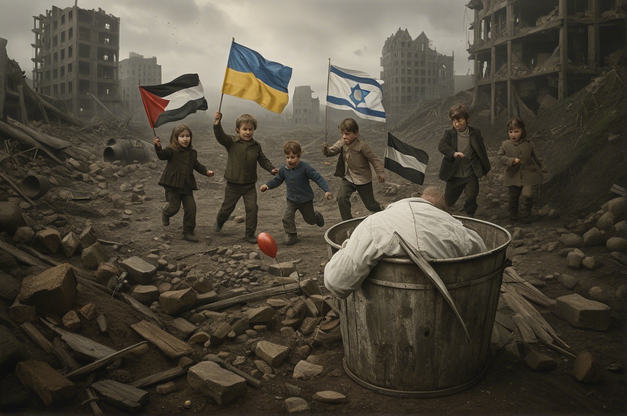 Children Playing Amidst War-Torn Landscape and Despair