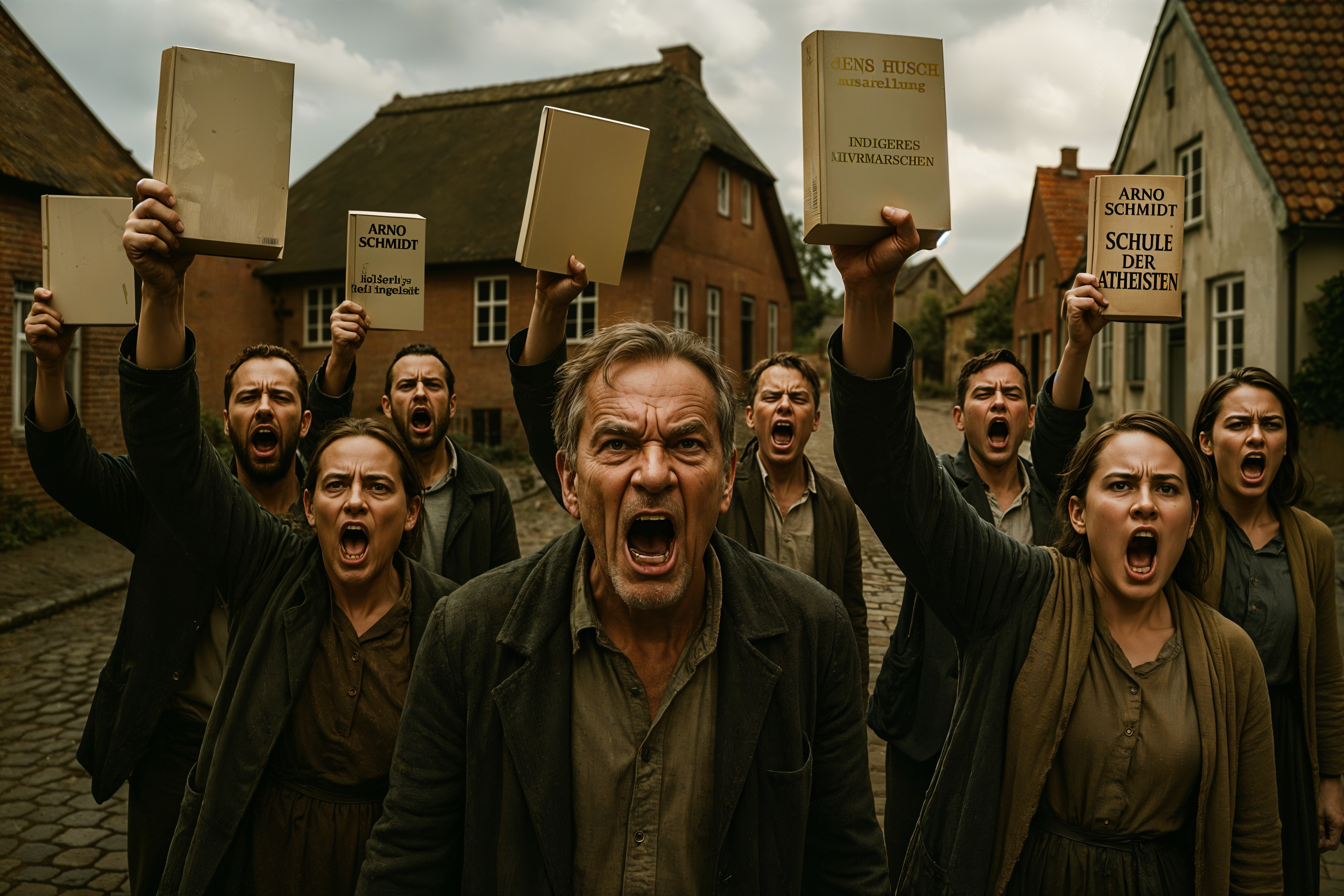 Protesters in Historical Village Street with Books
