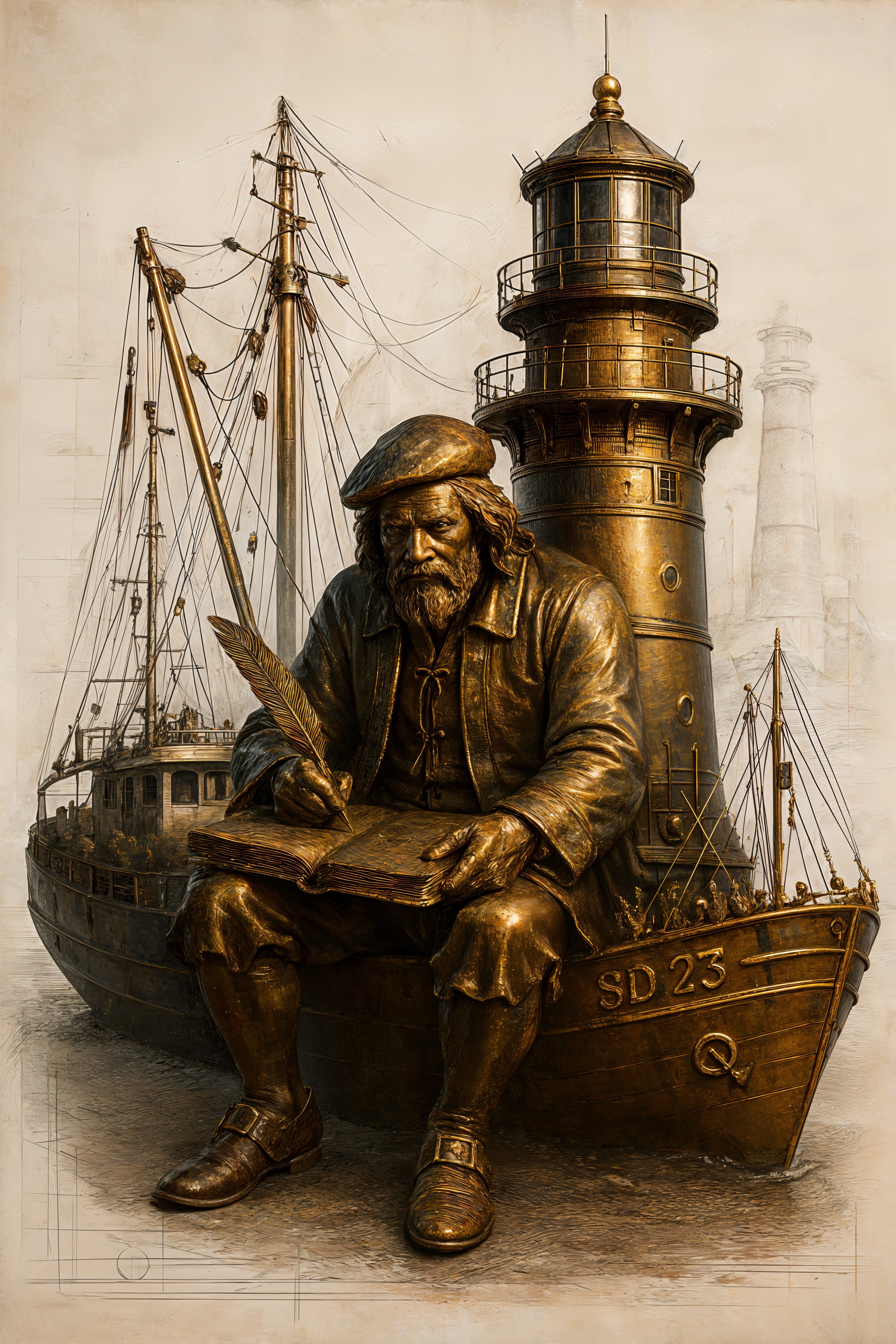 Bronze Sailor Statue on Ship's Deck with Lighthouse