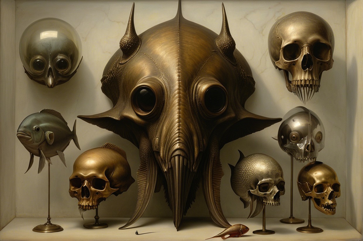 Artistic Arrangement of Skulls and Fish Sculptures