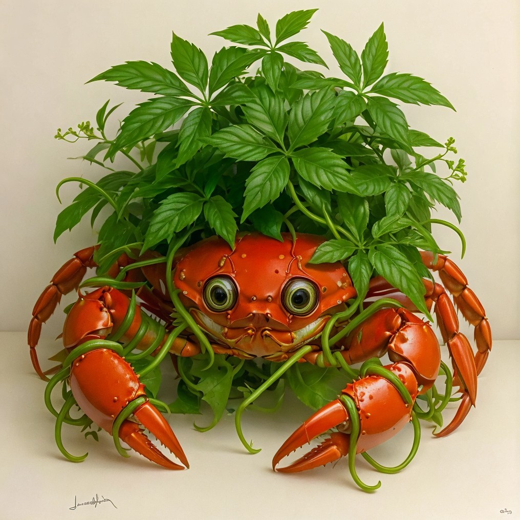 Whimsical Crab Surrounded by Lush Green Foliage