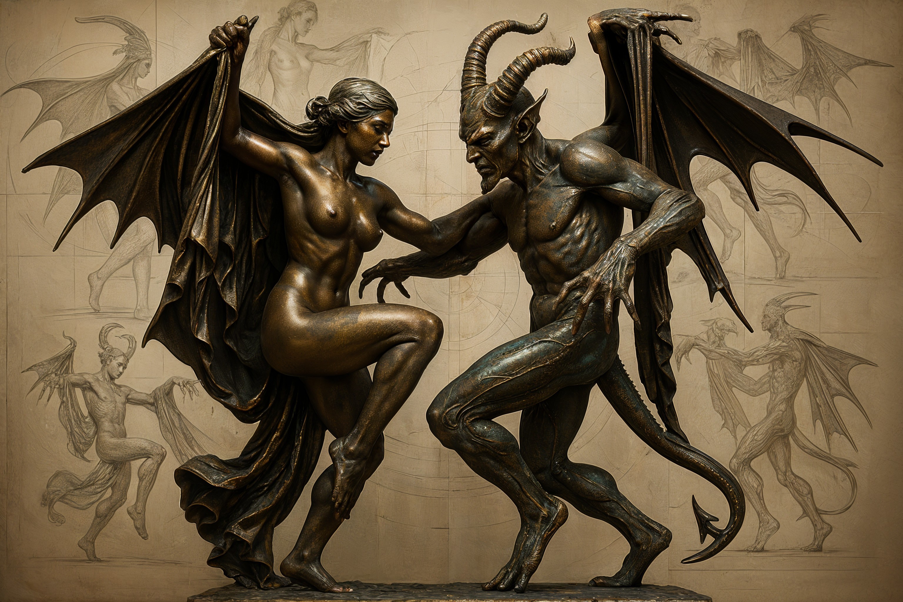Sculpture of Winged Demon and Woman in Conflict
