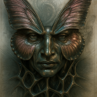 Surreal sculpture of human face with butterfly wings