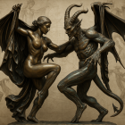 Sculpture of Winged Demon and Woman in Conflict