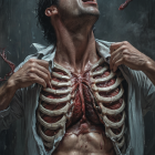 Man Revealing Anatomical Details Through Torn Shirt