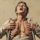 Young man expressing emotion with anatomical art display