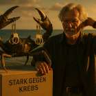 Older Man Beside Crab Sculpture at Sunset Beach