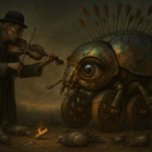 Weathered Man with Violin and Steampunk Tortoise