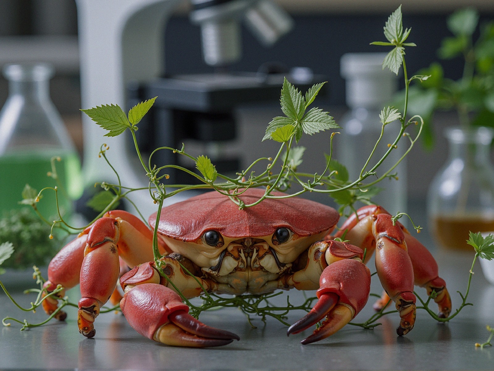 Red Crab on Laboratory Table with Green Vines