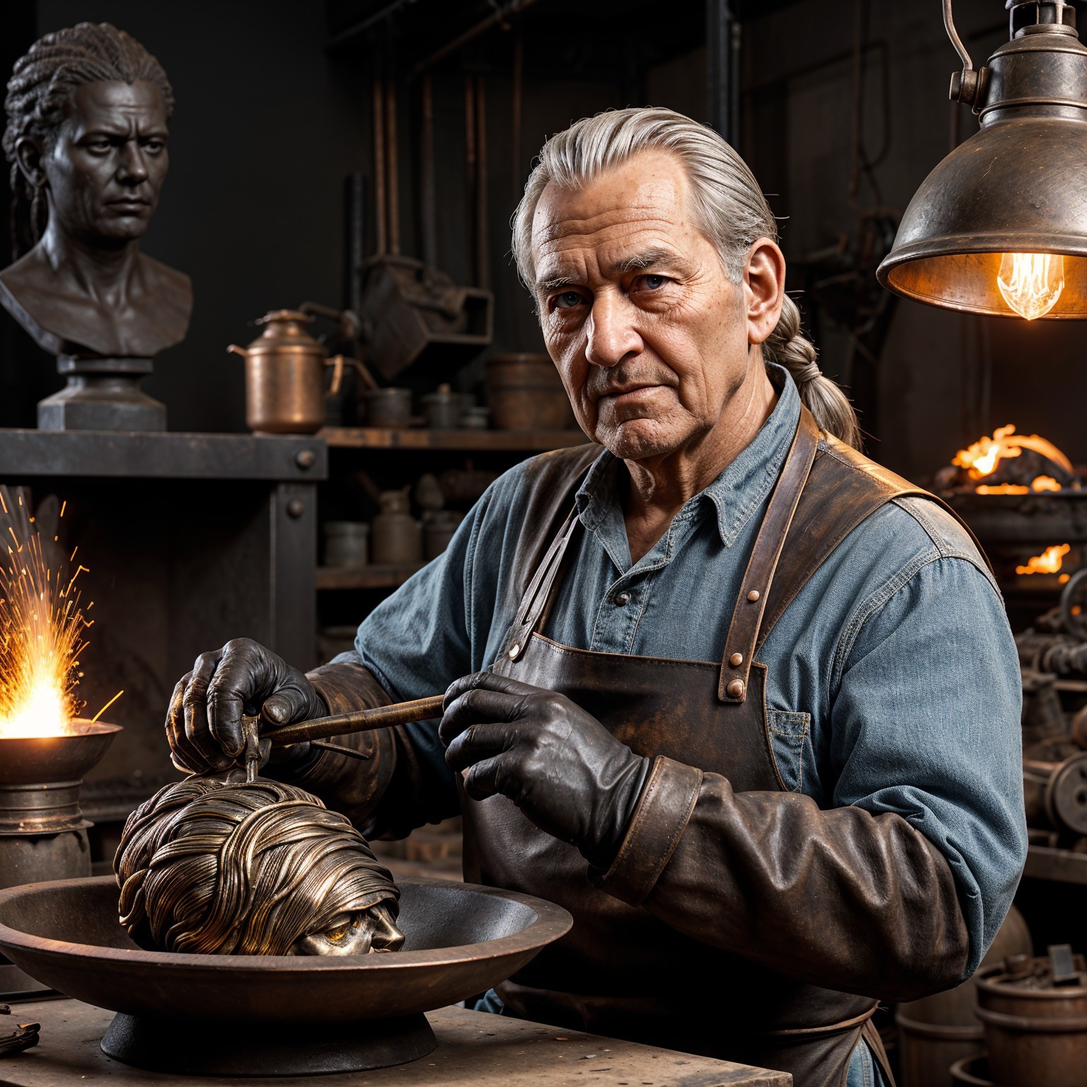 Experienced Sculptor Creating Bronze Bust in Workshop