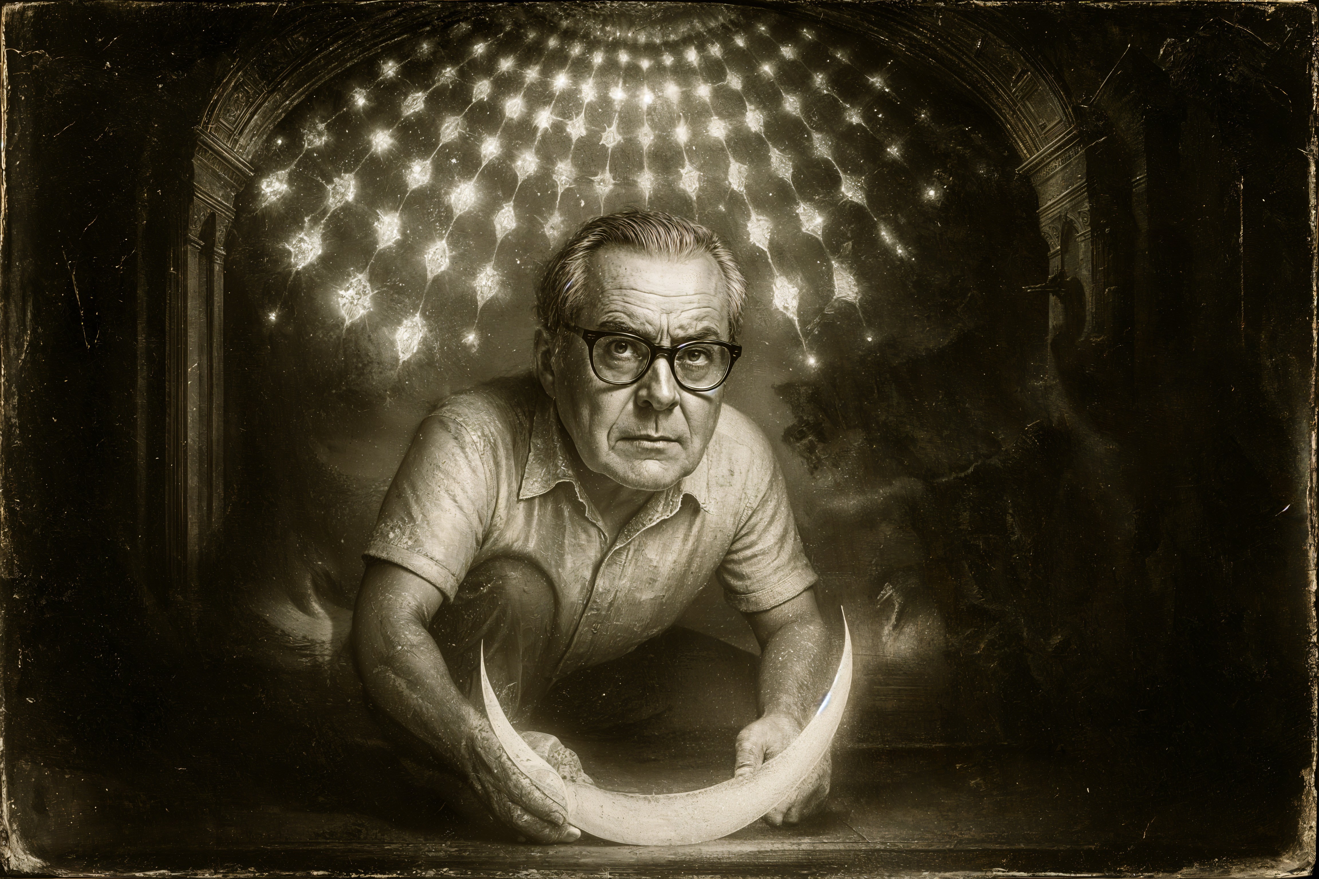 Middle-aged man examining a curved object in light