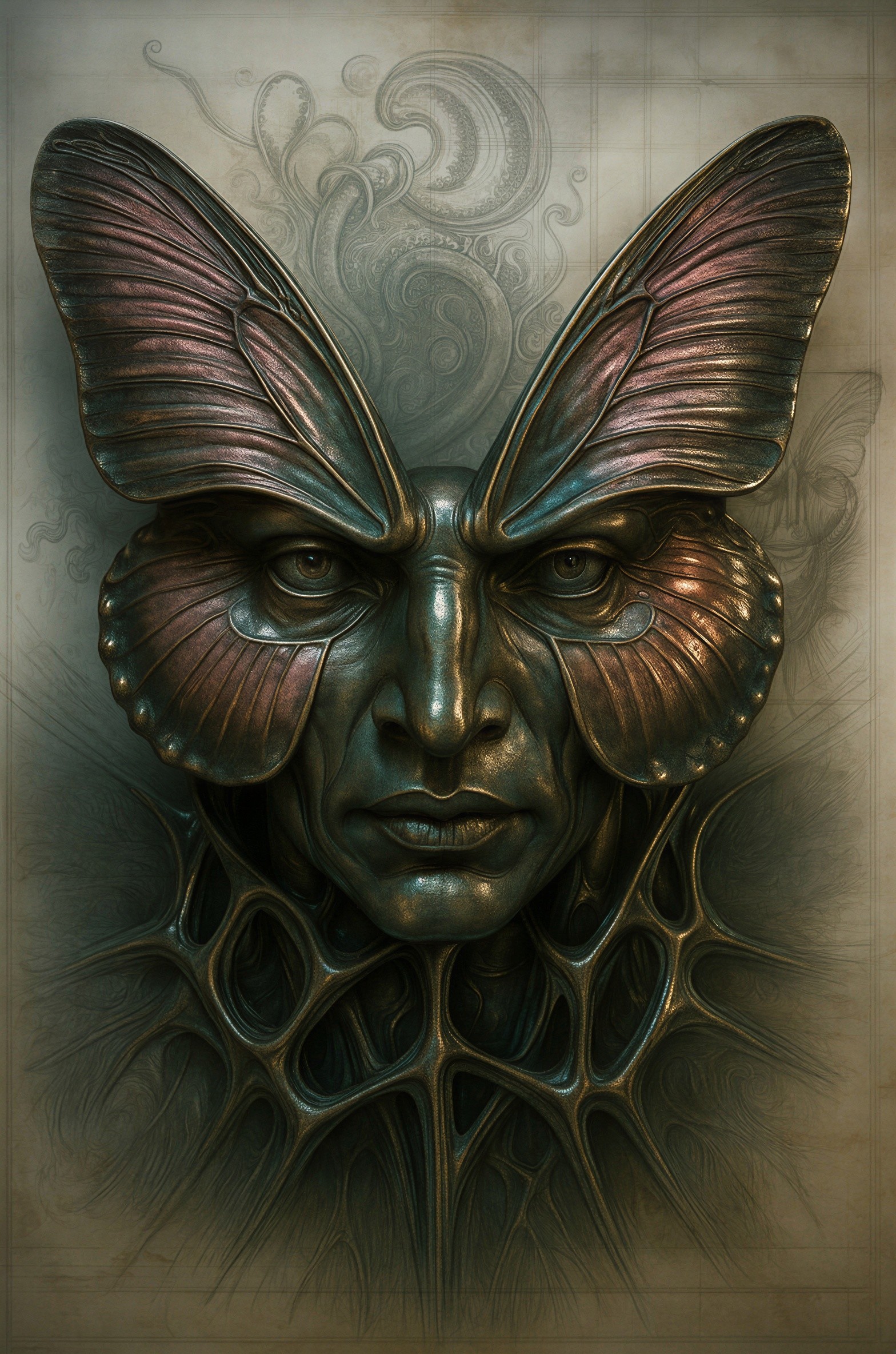 Surreal sculpture of human face with butterfly wings
