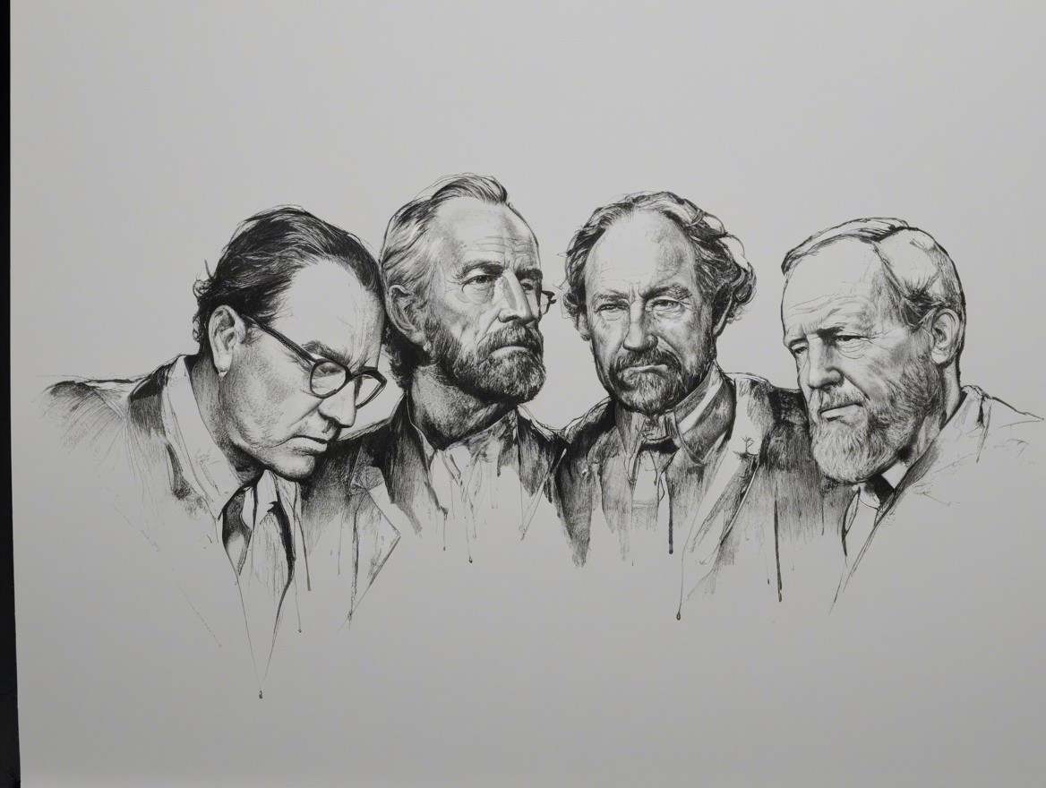 Black and white drawing of four distinguished men