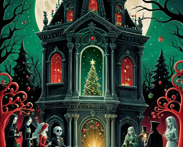 Gothic Mansion with Christmas Tree Under Full Moon